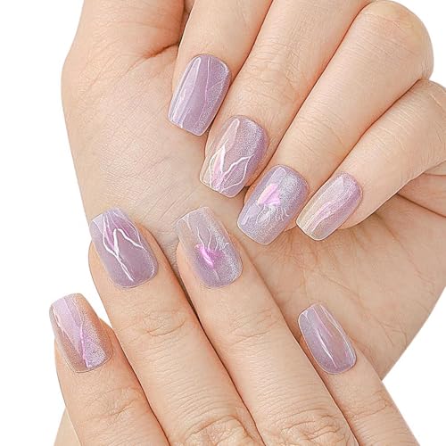 Sethexy Kurzer Sarg Nägel aufdrücken Regenbogen Falsche Nägel Katzenauge Falsche Nägel Farbverlauf Schachbrett Nägel aufkleben Wiederverwendbarer Kleber auf dem Nagel für Frauen und Mädchen 10STK von Sethexy