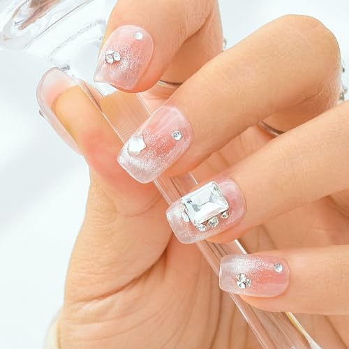 Sethexy Kurzer Sarg Strassstein Press On Nägel Französisch Katzenauge Handgefertigt Falsche Nägel Rosa Farbverlauf Falsche Nägel Acryl Glänzend Salon Nägel aufkleben für Frauen und Mädchen 10PCS (3) von Sethexy