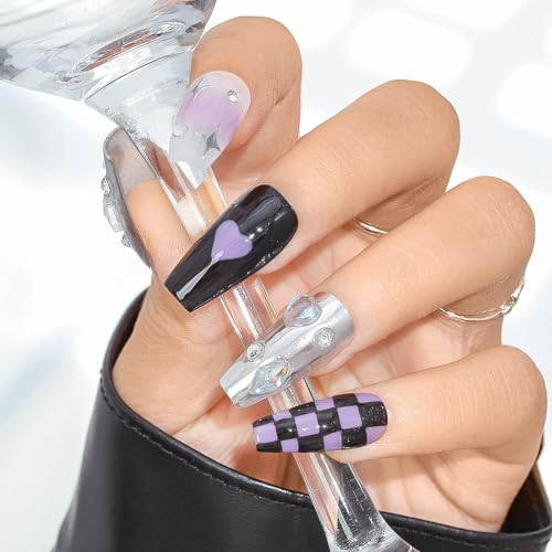 Sethexy Lange Ballerina Press On Nägel Handbemalt Glänzend Handgefertigt Falsche Nägel Glitzer Acryl Schachbrett Falsche Nägel für Frauen und Mädchen 20PCS (K) von Sethexy