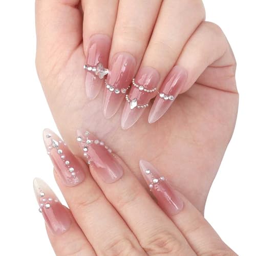 Sethexy Lange Mandel Nägel aufdrücken Strassstein Perle Fake-Nagel Kristall Farbverlauf Falsche Nägel Schmetterlings-Designs Wiederverwendbare Nägel zum Aufkleben für Frauen und Mädchen 10Stück von Sethexy
