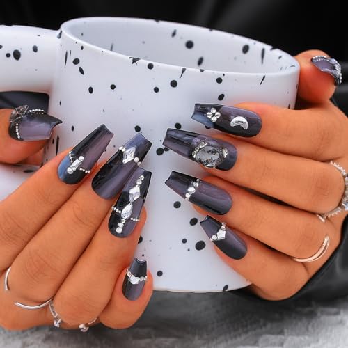 Sethexy Langer Sarg Handgefertigt Press On Nägel Schwarz Farbverlauf Falsche Nägel mit Design Acryl Glänzend Falsche Nägel für Frauen und Mädchen 10PCS (Schwarz2) von Sethexy