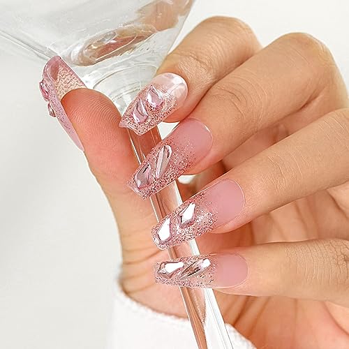 Sethexy Langer Sarg Rosa Falsche Nägel Handgefertigt Glitzer Luxus Falsche Nägel 3D Kristall Liebesherz Nägel zum Aufdrücken Glänzend Acryl Funkelnd Nagelkunst in Salonqualität für Frauen und Mädchen von Sethexy