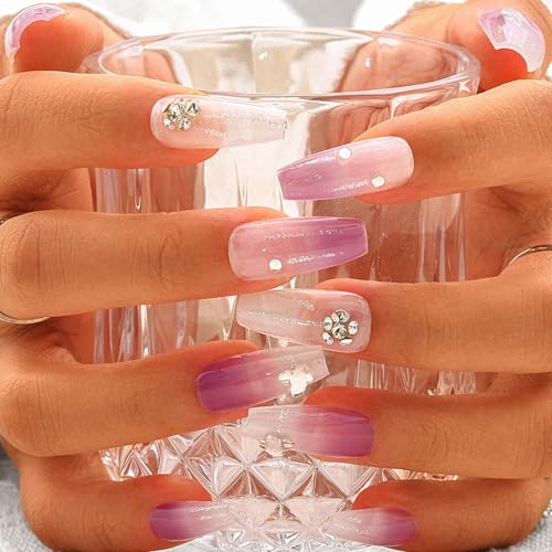 Sethexy Langer Sarg Strassstein Handgefertigt Falscher Nagel Lila Handbemalt Nägel aufdrücken Glitzernder Farbverlauf Glänzend Falsche Nägel Salon Qualität für Frauen und Mädchen(W) von Sethexy