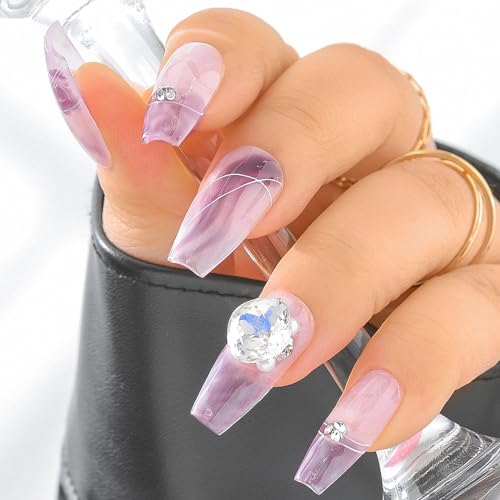 Sethexy Lila Mittel Sarg Handgefertigt Nägel aufdrücken Strassstein Acryl Glänzend Falsche Nägel Handbemalt Strich Aufgeklebte Nägel für Frauen und Mädchen 10PCS (11) von Sethexy