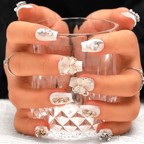 Sethexy Luxus Strassstein Matt Fake-Nagel 3D Schmetterling Medium Sarg Nägel zum Aufdrücken Perle Handgefertigt Falsche Nägel Salon Dauerhafte Qualität Metall-Accessoires für Frauen und Mädchen(O) von Sethexy