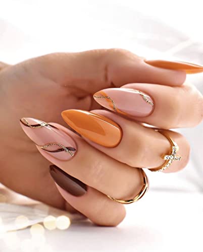 Sethexy Mandel Kurz Falsche Nägel Herbst Orange Press on Nails Glitzer Swirl Glänzend Fake Nails 24 Stück Acryl Nägel zum Aufkleben für Frauen und Mädchen von Sethexy