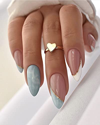 Sethexy Mandel Kurz Falsche Nägel Weiß French Press on Nails Aufgepresste Nägels Blau Quarz Glänzend Fake Nails 24 Stück Acryl Nägel aufkleben für Frauen und Mädchen von Sethexy