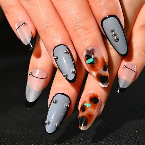 Sethexy 30 Stück Mandel Nägel zum Aufdrücken -lang Französische Spitze, Katzenauge Falsche Nägels für Frauen 15 Größen von Sethexy