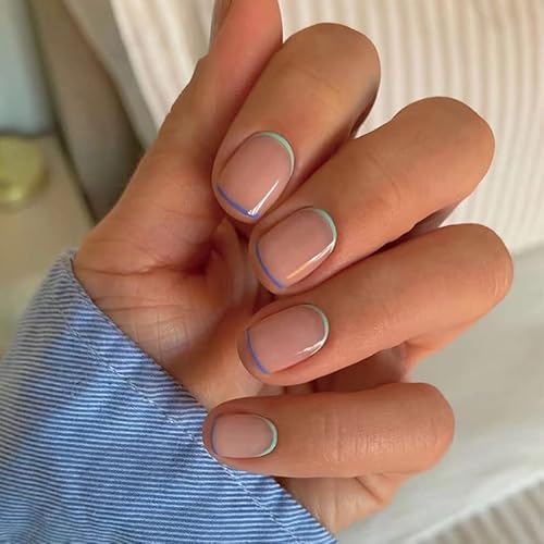 Sethexy Minimale Linie Falsche Nägel Press on Nails Kurz Square 24Pcs Acryl Nägel zum Aufkleben für Frauen und Mädchen von Sethexy