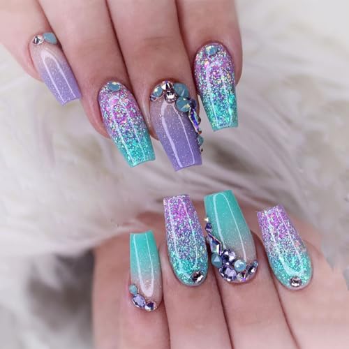 Sethexy Mittel Ballerina Falsche Nägel Strass Glitzer Nägels zum Aufdrücken Grün Farbverlauf Falsche Nägel Glänzend für Frauen und Mädchen 24PCS von Sethexy