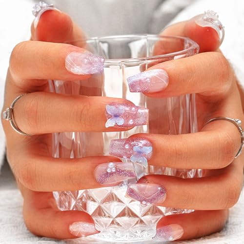 Sethexy Niedlich Schmetterling Medium Sarg Falscher Nagel 3D Blumen Handgemacht Falsche Nägel Glitzer Perle Falsche Nägel Salon Dauerhafte Qualität Press on Nail für Frauen und Mädchen(T) von Sethexy