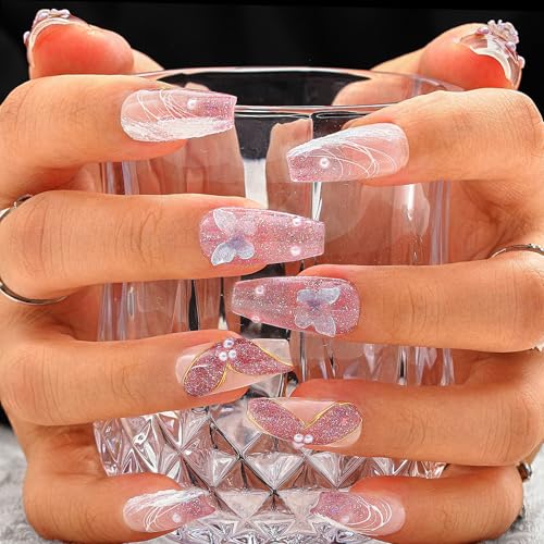 Sethexy Niedlicher Schmetterling Langer Sarg Falscher Nagel 3D Blumen Handgemacht Falsche Nägel Glitzer Perle Falsche Nägel Salon Dauerhafte Qualität Press on Nail für Frauen und Mädchen (T) von Sethexy