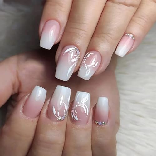 Sethexy Ombre Kurz Ballerina Nägel zum AufklebenRosa Farbe Press on Nails mit Kristall Fake Nails Hochzeit 24Stück Acryl klebenagel für Frauen und Mädchen von Sethexy