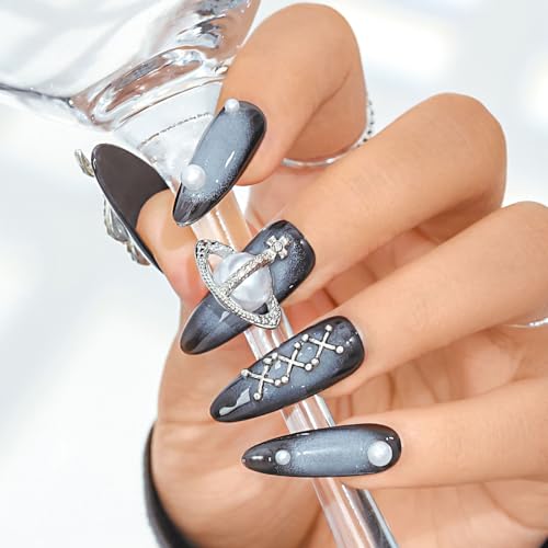 Sethexy Punk Lange Mandel Nägel aufdrücken Handgemacht 3D-Perle Strass Falsche Nägel Glänzend Acryl Falsche Nägel Salon Qualität für Frauen und Mädchen 20PCS (P) von Sethexy