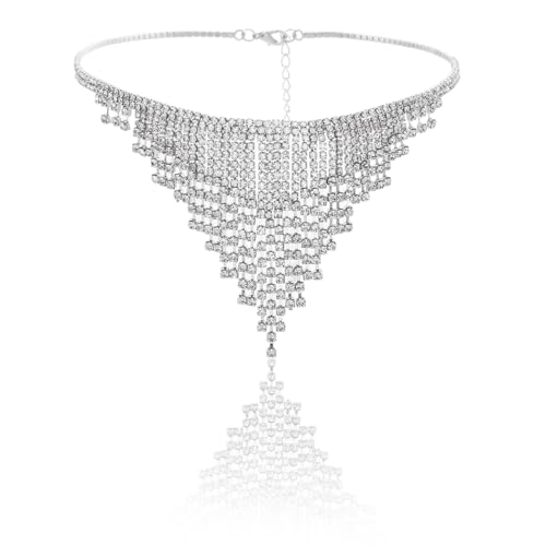 Sethexy Quaste Kristall Halskette Silber Funkelnd Strass Kollier Randbereich Hochzeit Nachtclub Halskette Schmuck Zubehör für Frauen und Mädchen von Sethexy