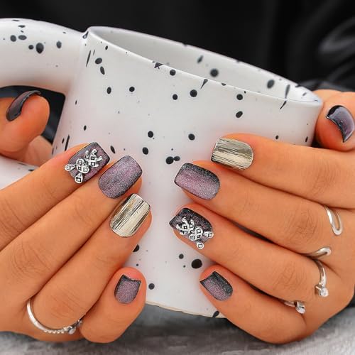 Sethexy Rosa Katzenauge Handgemacht Falsche Nägel Kurzer Sarg Press On Nägels mit Desig Acryl Glänzend Salon Falsche Nägel für Frauen und Mädchen 10PCS (Rosa6) von Sethexy