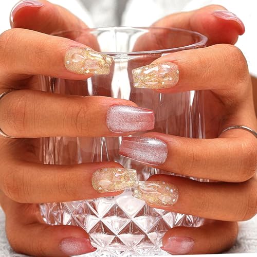 Sethexy Rosa Strassstein Handgefertigt Falscher Nagel Katzenauge Medium Sarg Falsche Nägel Gold Glitzernd Glänzend Press on Nail Langlebige Qualitätsnägel für den Salon für Frauen und Mädchen(C) von Sethexy