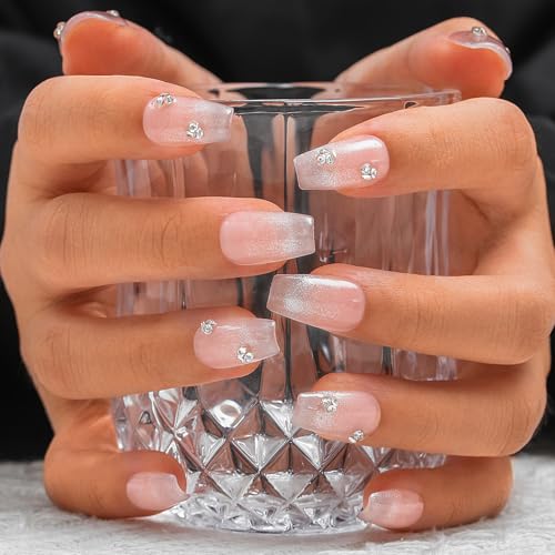 Sethexy Rosa Strassstein Handgemacht Falsche Nägels Katzenauge Medium Sarg Falsche Nägel Nackt Farbverlauf Natürlich Glänzend Aufgepresste Nägel Qualitätsnägel Salon für Frauen und Mädchen(H) von Sethexy