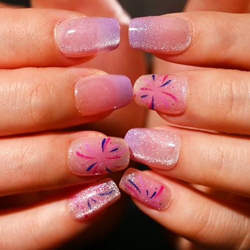 Sethexy Sarg Nagel aufdrücken - Feuerwerk, Farbverlauf, Katzenauge Falsche Nägel für Frauen 15 Größen - 30 Stück Nagel Kit mit Kleber von Sethexy