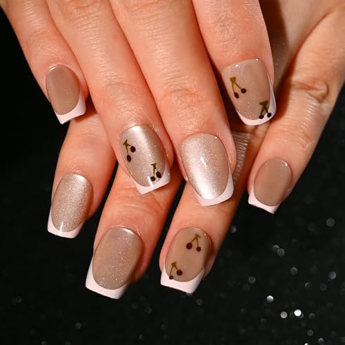 Sethexy 30 Stück Sarg Press on Nail - Kurz Katzenauge, Französische Spitze, Kirsche Falsche Nägel für Frauen 15 Größen - Nagel Kit mit Kleber von Sethexy