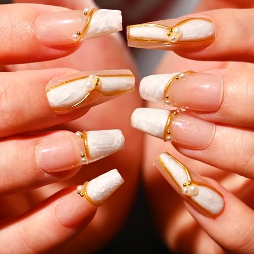 Sethexy 30 Stück Sarg Press on Nail Lang -Lang Gold Linie, Französische Spitze Falsche Nägel für Frauen 15 Größen - Nagel Kit mit Kleber von Sethexy