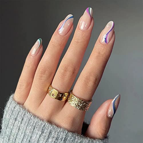 Sethexy Französisch Swirl Falsche Nägel Mandel Press on Nails French 24pcs Acryl Nägel zum Aufkleben für Frauen und Mädchen von Sethexy