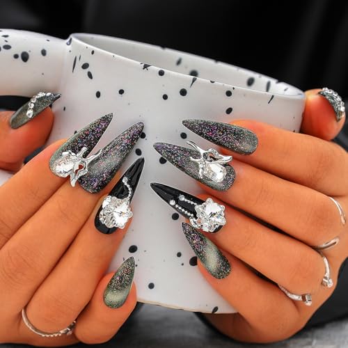 Sethexy Schwarz Handgemacht Press On Nägel Lange Stiletto Katzenauge Falsche Nägel Strassfarben Salon Acryl Falsche Nägel für Frauen und Mädchen 10PCS (Schwarz1) von Sethexy
