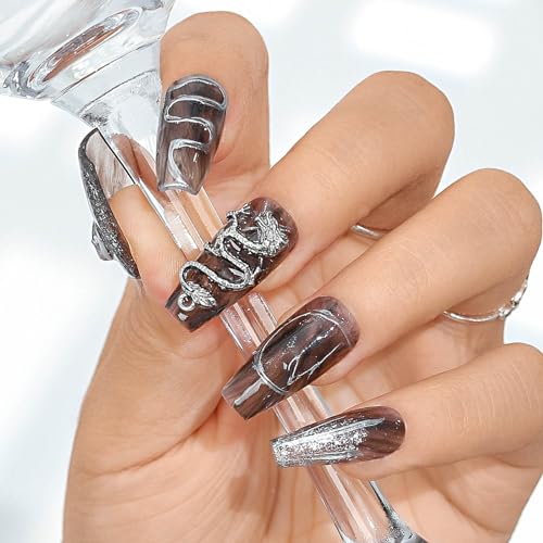 Sethexy Schwarz Langer Sarg Nägel aufdrücken Handgefertigt Acryl Falsche Nägel 3D-Kristall Glänzend Falsche Nägel für Frauen und Mädchen 20PCS (U) von Sethexy