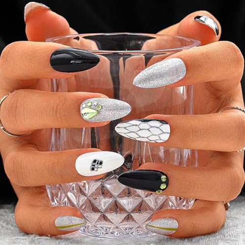 Sethexy Schwarz Strass Mittlere Mandel Künstlicher Nagel Funkeln Handgefertigt Falsche Nägel Punk Natürlich Glänzend Drücken Sie auf den Nagel Langlebige Salonqualität für Frauen und Mädchen (2) von Sethexy