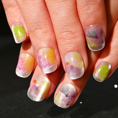 Sethexy Squoval Nägel zum Aufdrücken - Katzenauge, Tinte Malerei Falsche Nägels für Frauen 15 Größen - 30 Stück Nägel Kit mit Kleber von Sethexy