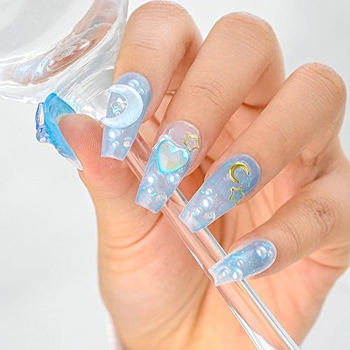 Sethexy Strass Blau Langer Sarg-Kunstnagel 3D-Mondherz Perlenverlauf Handgefertigte Nagelpresse Kristalle Falsche Nägel mit Metallzubehör für Frauen und Mädchen von Sethexy