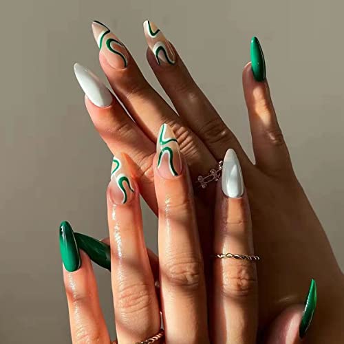 Sethexy Swirl French Falsche Nägel Mandel Press on Nails Medium Künstliche Fingernägel 24 Stück Acryl Nägel zum Aufkleben für Frauen und Mädchen von Sethexy