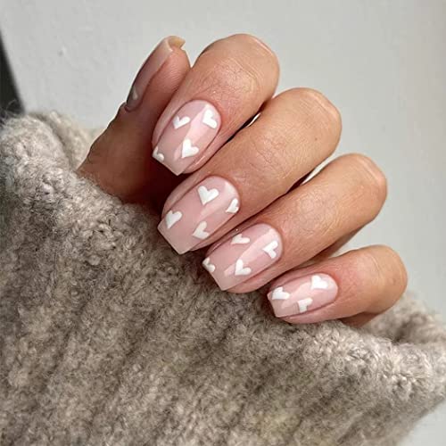 Sethexy Valentinstag Kurz Quadratisch Nägel zum Aufkleben Liebe Herz Press on Nails Rosa Fake Nails 24 Stück Acryl Kunstnägel für Frauen und Mädchen von Sethexy