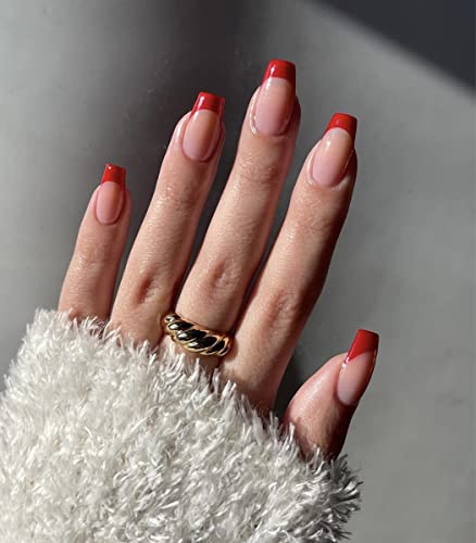 Sethexy Valentinstag Kurz Sarg Falsche Nägel Rot Französisch Press on Nails Glänzend Kunstnägel 24Stück Acryl Nägel zum Aufkleben für Frauen und Mädchen von Sethexy