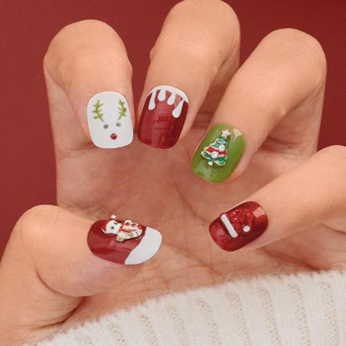 Sethexy Weihnachten Kurz Rund Press On Nägel Niedlich Glänzend Acryl Gemalt Falsche Nägel Handgefertigt Salon Qualität Abnehmbar Falsche Nägel für Frauen und Mädchen 10PCS (1) von Sethexy