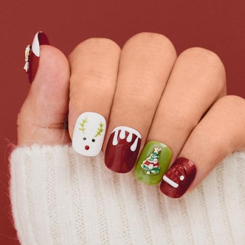 Sethexy Weihnachten Kurz Rund Press On Nägel Niedlich Glänzend Acryl Gemalt Falsche Nägel Handgefertigt Salon Qualität Abnehmbar Falsche Nägel für Frauen und Mädchen 20PCS (1) von Sethexy