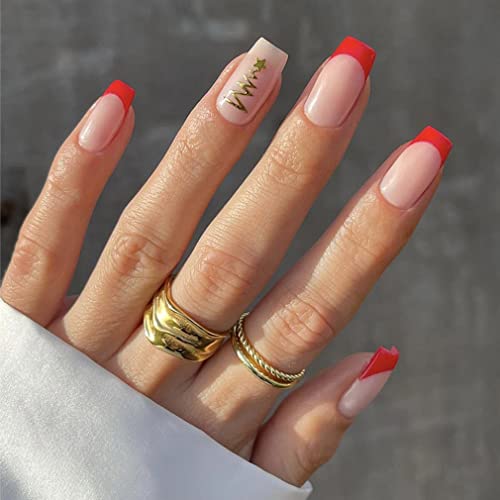 Sethexy Weihnachten Kurze Quadratische Falsche Nägel Französische Press on Nails 24Pcs Acryl Nägel zum Aufkleben für Frauen und Mädchen von Sethexy