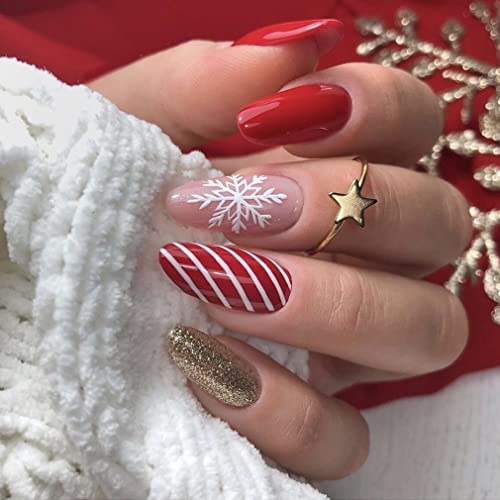 Sethexy Weihnachten Mandel Falsche Nägel Christmas Schneeflocke Press on Nails Glossy 24Pcs Acryl Nägel zum Aufkleben für Frauen und Mädchen von Sethexy