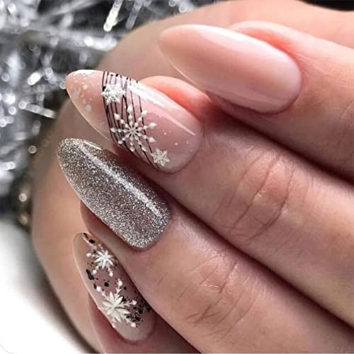 Sethexy Weihnachten Mandel Falsche Nägel Christmas Schneeflocke Press on Nails Glossy 24Pcs Acryl Nägel zum Aufkleben für Frauen und Mädchen von Sethexy