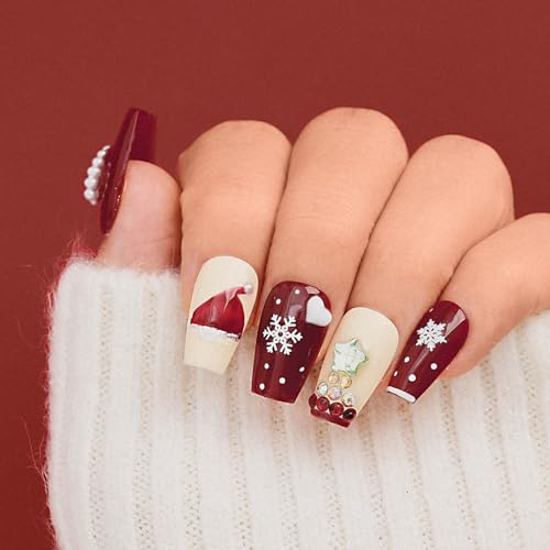 Sethexy Weihnachten Medium Ballerina Falsche Nägel Rot Glänzend Strass Press On Nägel Perle Handbemalt Falsche Nägel Acryl Salon Qualität Handgefertigt Nägel aufkleben für Frauen und Mädchen 20PCS (3) von Sethexy