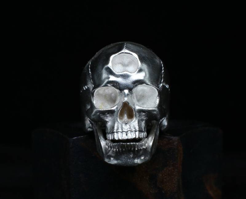 Drei Auge Schädel Silber Ring Beweglichen Kiefer Alles Sehende Handgemachte Dritte Alien Gothic Steampunk Biker Personalisierte von SethlansArts