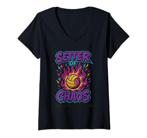 Damen Volleyball-Setter-Grafik mit flammendem Ball mit kräftiger Energie T-Shirt mit V-Ausschnitt Damen Volleyball-Setter-Grafik mit flammendem Ball mit kräftiger Energie T-Shirt mit V-Ausschnitt von Setter Power Design with Lightning and Fire