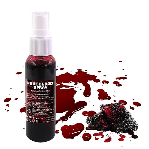 Halloween Kunstblut 2er Set: 1 Kunstblut Spray 60 ml+1 Schwamm, Halloween Schminke Fake Blood Spray, Fake Blut Spray Realistisch, Abwaschbar und Sicher für SFX Make up, Theaterschminke, Zombies von SeunKieer