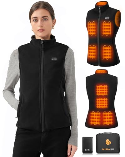 Sevdiea Fleece Heizweste Damen mit Powerbank 16000mah 7.4v, Beheizte Weste 4-in-1 Unabhängiger Controller mit Licht-aus-Design, Leichte Wärmeweste mit Akku 9 Heizzone für Winter Outdoor von Sevdiea