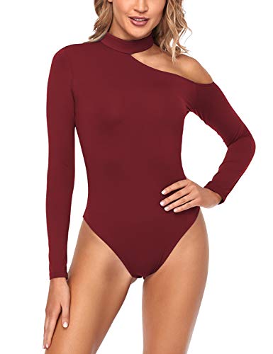 Sevego Damen Soft Mock Neck Off The Shoulder Body mit langärmeligen Elegant Bodysuit Langarm Stretch-Oberteilen Jumpsuit, Burgunderrot, XL von Sevego