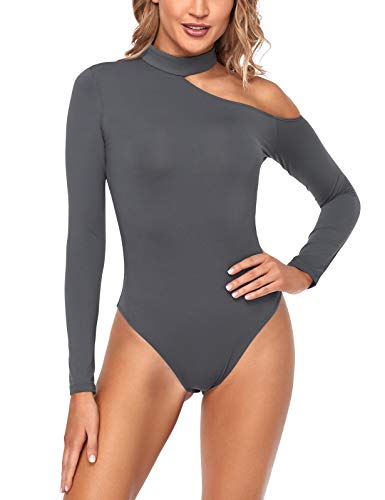 Sevego Damen Soft Mock Neck Off The Shoulder Body mit langärmeligen Elegant Bodysuit Langarm Stretch-Oberteilen Jumpsuit, Grau, L von Sevego