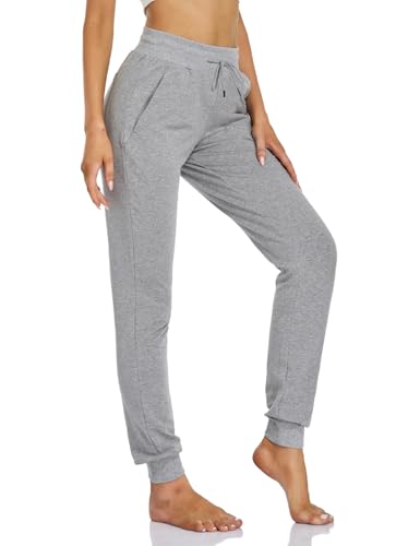 Sevego Jogginghose Damen Sporthose Baumwolle High Waist Trainingshose Loose Fit Lang Sweathose mit Taschen, Hellgrau, S von Sevego