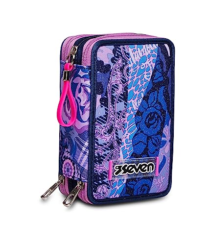 Seven Federmäppchen, Mäppchen, mehrfarbig, Federtasche für Schreibwaren, Etui mit Stiften, Kugelschreiber, & mehr, 3 Fächer, Mädchen & Jungen, Schule - Grundschule, XXL, Dotcatty girl von Seven