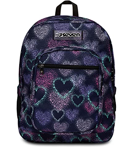Seven Freethink Rucksack, Schultasche Schulranzen für Mädchen Jungen, Tornister mit Doppelfach und Trinkflaschenfach, gepolstert, für Schule, Sport, Freizeit; USB-Ladeanschluss, violett mit Herzen von Seven