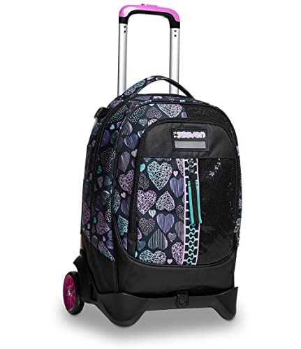 Seven TROLLEY, Rucksack mit Trolleyfunktion, Schulranzen mit Rollen, 3 in 1, Abnehmbarer Rucksack, ab 1. Klasse, für Schule, Gymnasium, Reisen&Freizeit, Mädchen&Jungen, schwarz, PATCHYHEART Girl von Seven